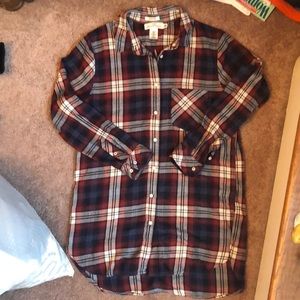 Dark red, white, and navy plaid flannel